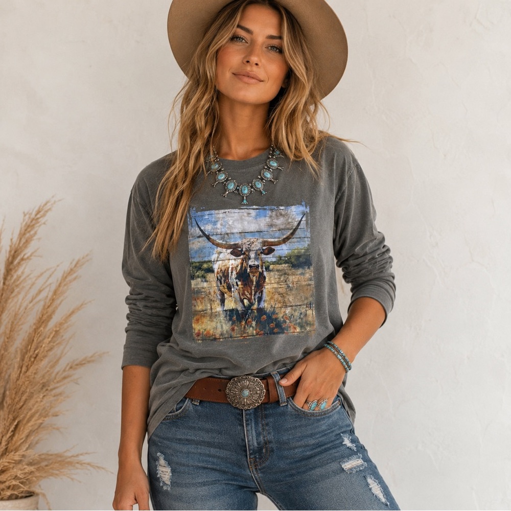 Longhorn Ranch Graphic Top Western Boho Prairie Cowgirl Tee Medium